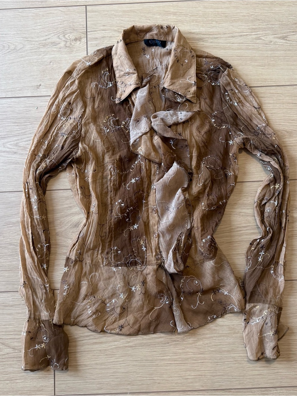Sheer Brown Ruffle-Front Women's Blouse